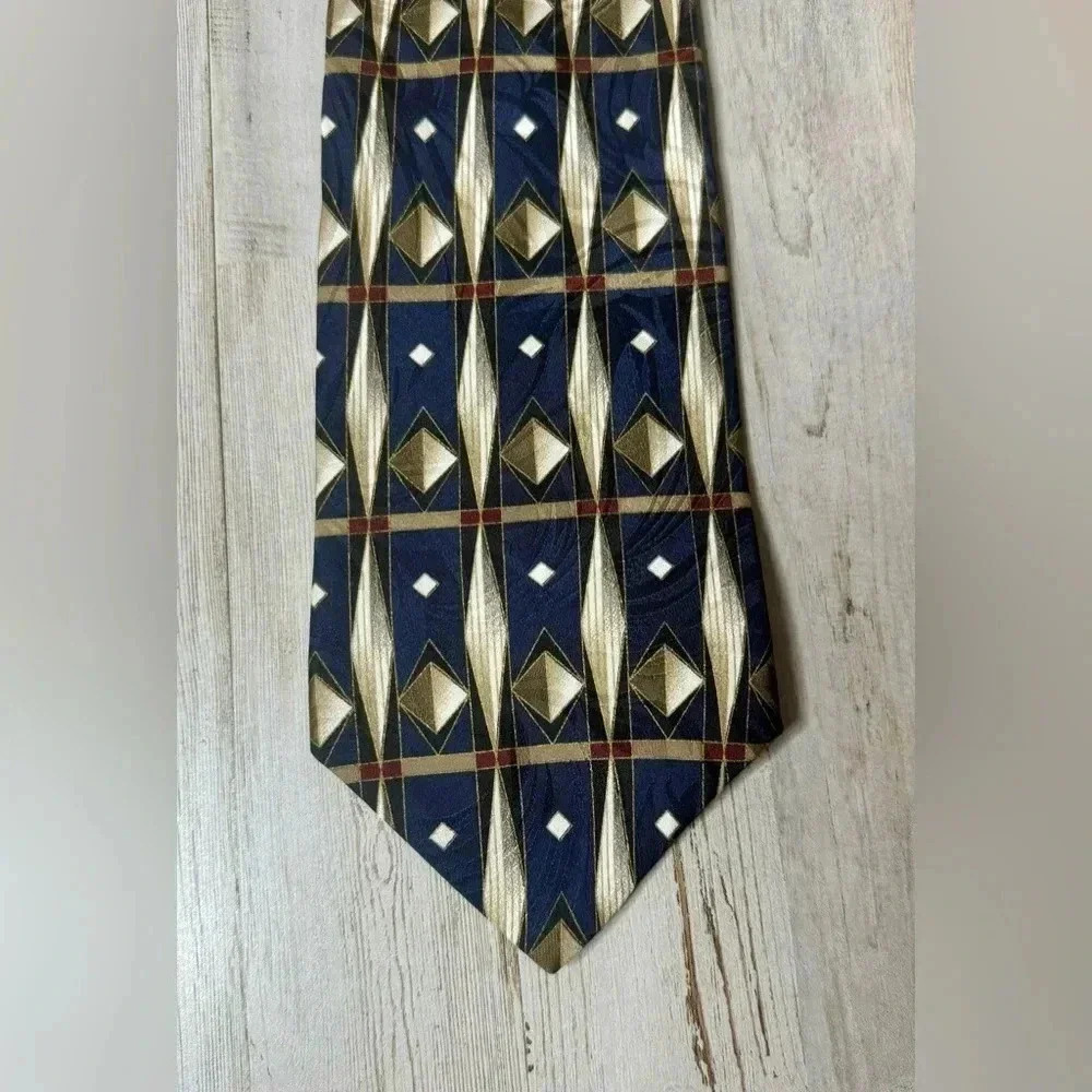 Conte di Milano Geometric 100% Silk Necktie Designer Tie Blue/gold - Picture 5 of 6